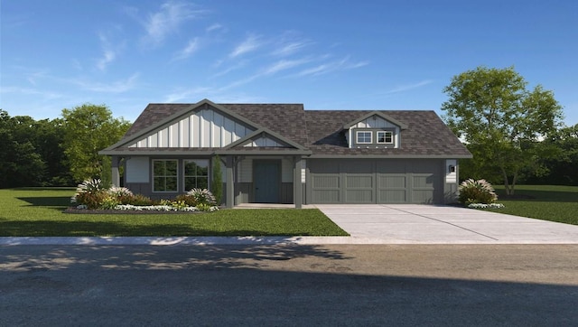 view of front of property featuring a front lawn, concrete driveway, roof with shingles, and an attached garage