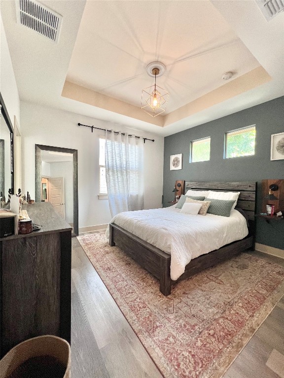 bedroom featuring a tray ceiling, hardwood / wood-style floors, and a barn door