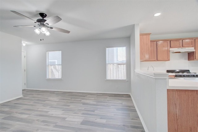 kitchen with light countertops, range, baseboards, and under cabinet range hood