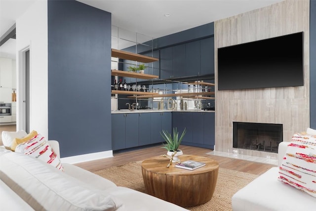 living room with a fireplace and light hardwood / wood-style floors