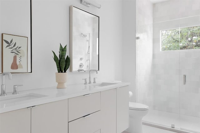 bathroom with vanity, toilet, and a shower with shower door