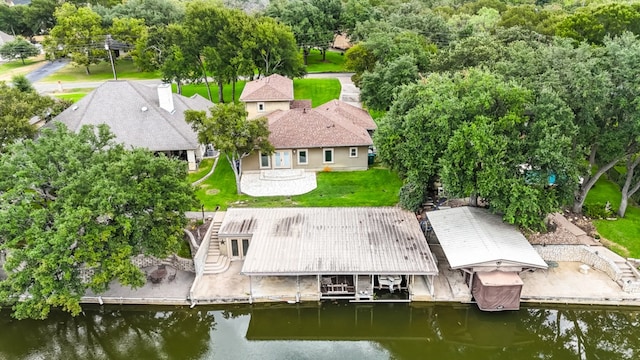 drone / aerial view featuring a water view