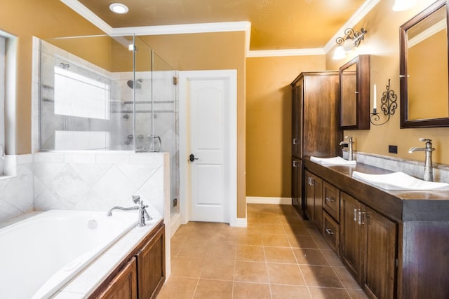 bathroom with tile patterned flooring, vanity, separate shower and tub, and ornamental molding