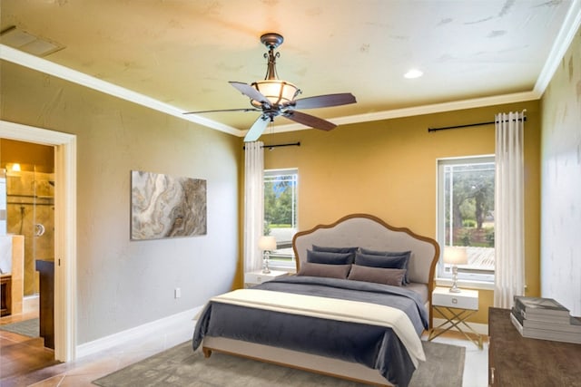 bedroom with crown molding, multiple windows, and ceiling fan