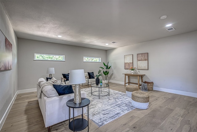 living room with light hardwood / wood-style floors and a textured ceiling