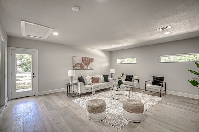 living room featuring light wood-type flooring, a textured ceiling, and a healthy amount of sunlight