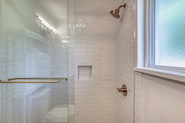 bathroom featuring a shower with shower door