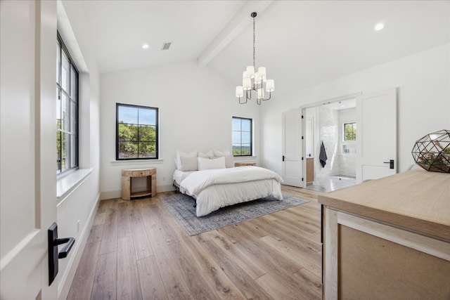 bedroom featuring hardwood / wood-style flooring, high vaulted ceiling, multiple windows, and beamed ceiling