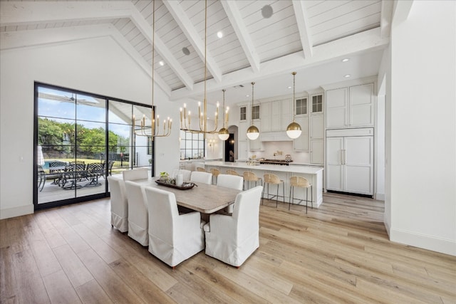 dining room with an inviting chandelier, high vaulted ceiling, wooden ceiling, light wood-type flooring, and beamed ceiling