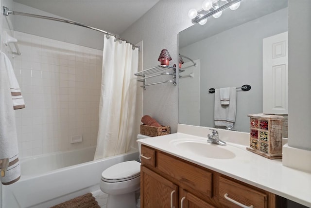 full bathroom with vanity, shower / bath combination with curtain, and toilet