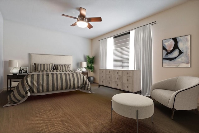 bedroom featuring dark colored carpet and ceiling fan