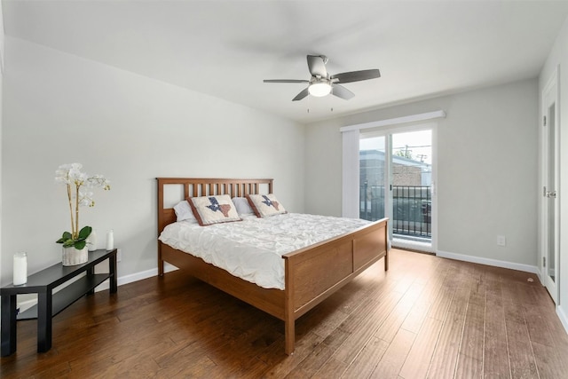 bedroom featuring access to outside, ceiling fan, and dark hardwood / wood-style floors