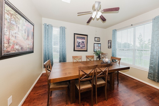 dining room featuring ceiling fan and dark wood-type flooring