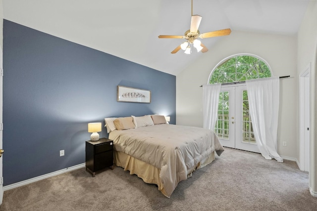 bedroom featuring access to exterior, ceiling fan, carpet flooring, french doors, and lofted ceiling