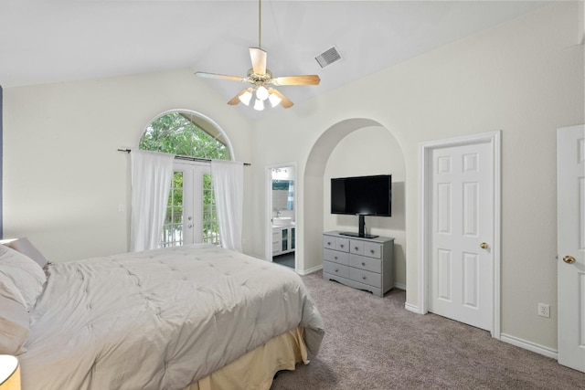 carpeted bedroom featuring french doors, ceiling fan, access to exterior, and vaulted ceiling