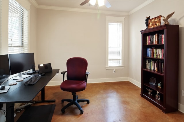 office featuring crown molding, concrete floors, and ceiling fan