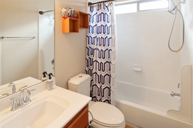 full bathroom with toilet, shower / tub combo with curtain, and vanity