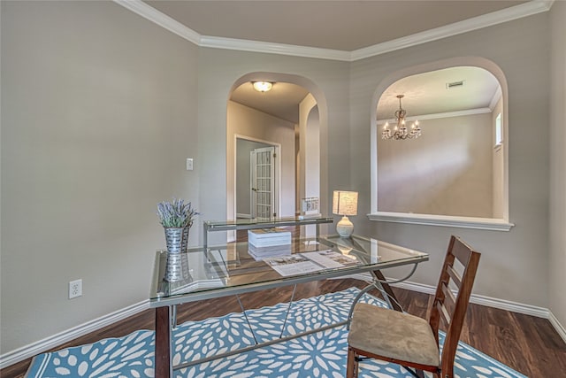 office area featuring hardwood / wood-style flooring and crown molding