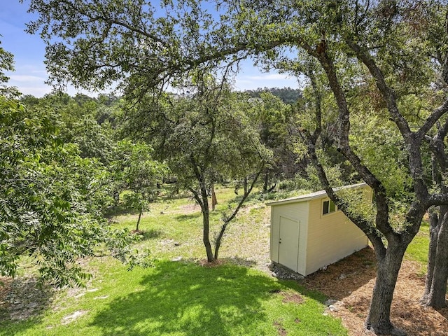 view of yard with a view of trees, a storage shed, and an outdoor structure