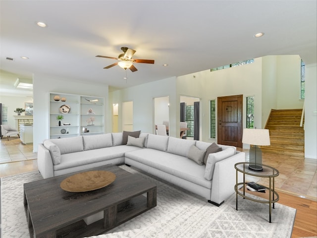 3503 Misty Creek Dr, Austin, TX 78735 - living area featuring stairs, a ceiling fan, recessed lighting, and light wood-style floors