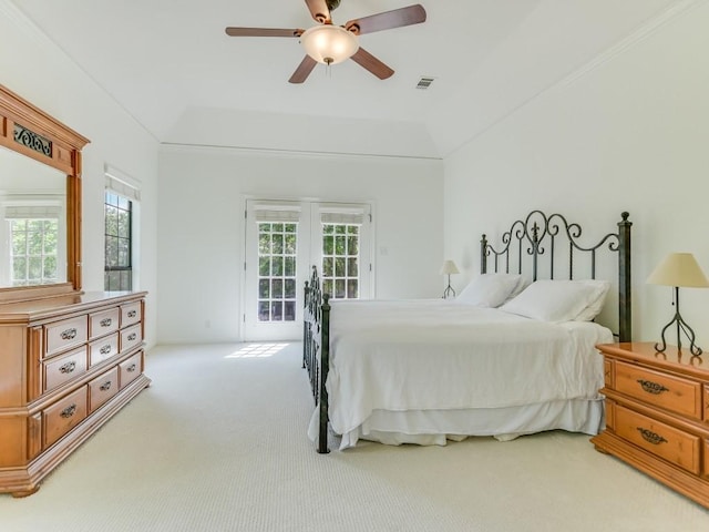 bedroom featuring visible vents, ceiling fan, french doors, access to outside, and carpet flooring