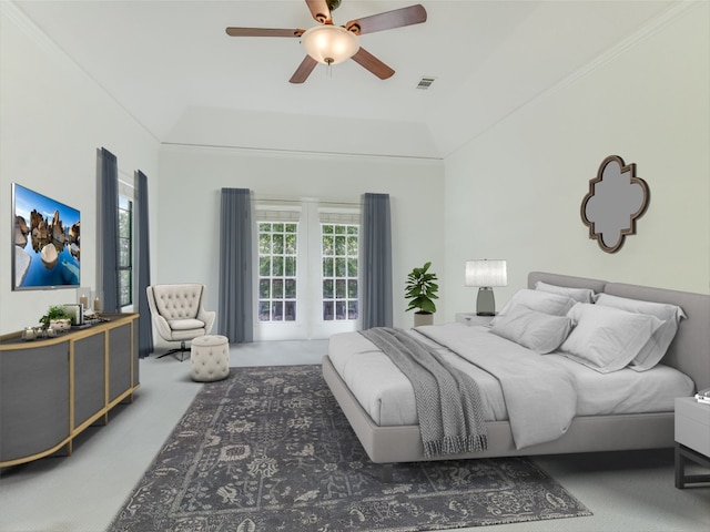 carpeted bedroom featuring visible vents and a ceiling fan