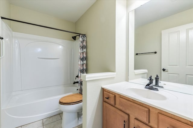 full bathroom featuring tile patterned flooring, vanity, toilet, and shower / bathtub combination with curtain