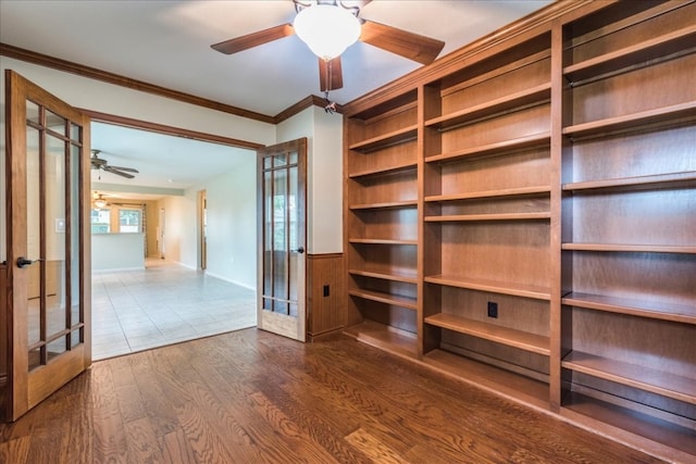 interior space with french doors, ceiling fan, and dark hardwood / wood-style floors