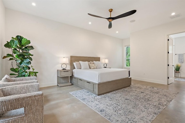 14701 Longbranch Dr, Austin, TX 78734 - bedroom featuring concrete flooring, recessed lighting, and a ceiling fan