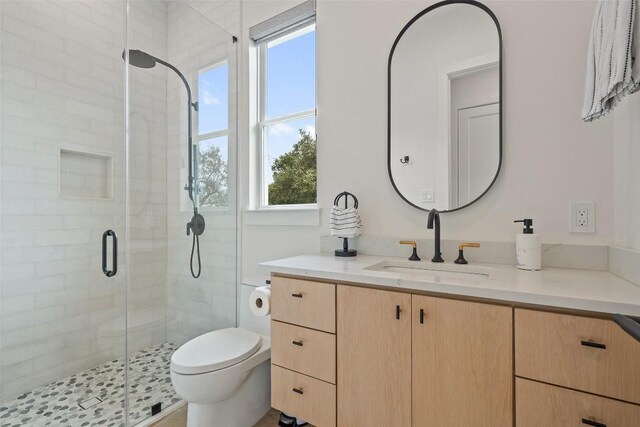 bathroom featuring vanity, toilet, a healthy amount of sunlight, and walk in shower