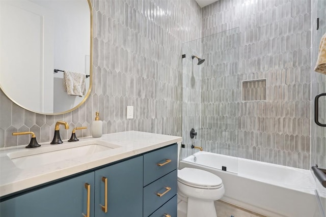 14701 Longbranch Dr, Austin, TX 78734 - full bathroom featuring vanity, shower / bathtub combination, tile walls, and tasteful backsplash