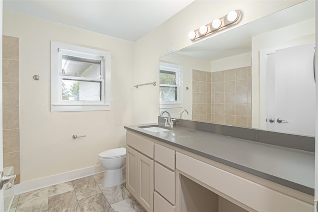 full bathroom with toilet, shower with separate bathtub, and vanity