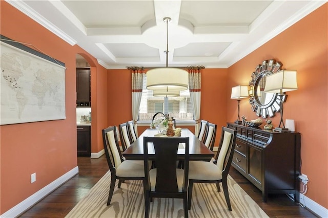 dining space featuring coffered ceiling, dark hardwood / wood-style flooring, and ornamental molding