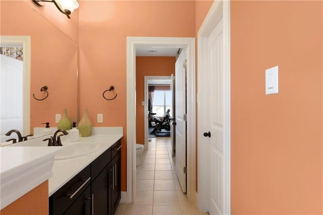 bathroom with tile patterned flooring, toilet, and vanity