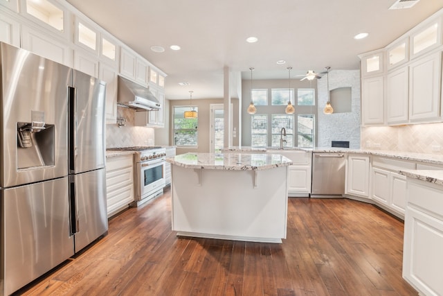 kitchen featuring ceiling fan, white cabinets, stainless steel appliances, and dark wood-type flooring