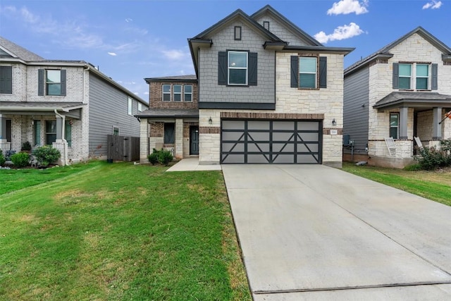 craftsman-style house featuring a front yard, driveway, an attached garage, stone siding, and brick siding