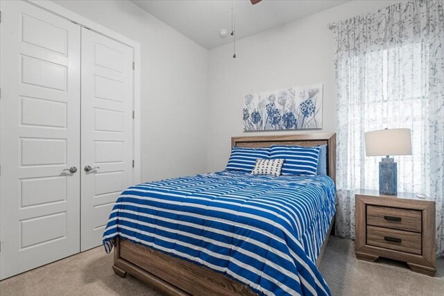 bedroom with carpet flooring and a closet