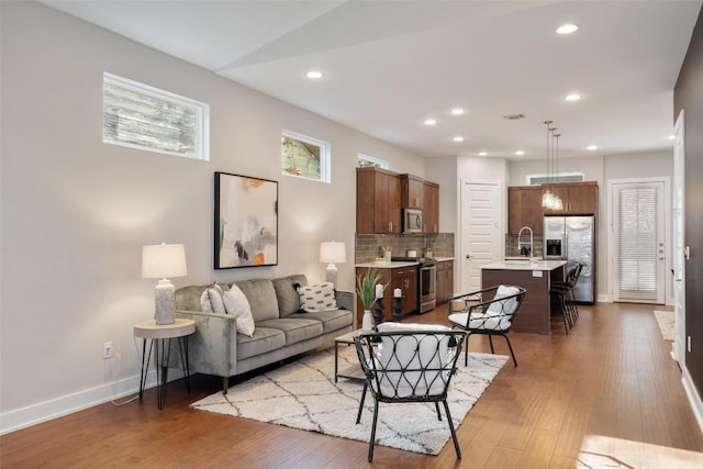 living room featuring wood-type flooring and sink