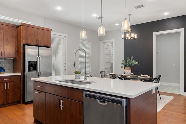 kitchen with a center island with sink, sink, decorative backsplash, appliances with stainless steel finishes, and light hardwood / wood-style floors