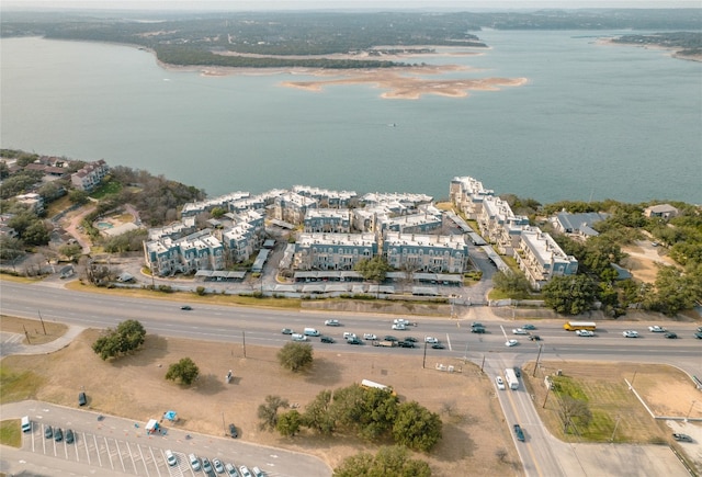 drone / aerial view featuring a water view