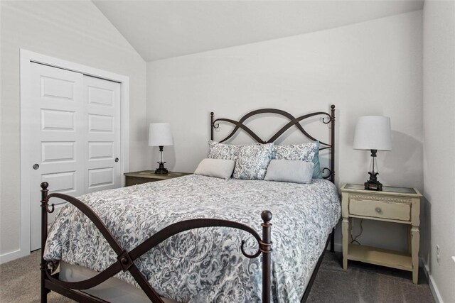 bedroom featuring lofted ceiling, dark carpet, and a closet