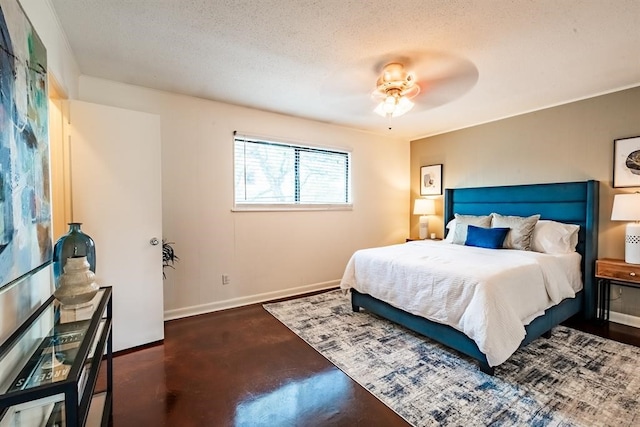 bedroom featuring ceiling fan and a textured ceiling