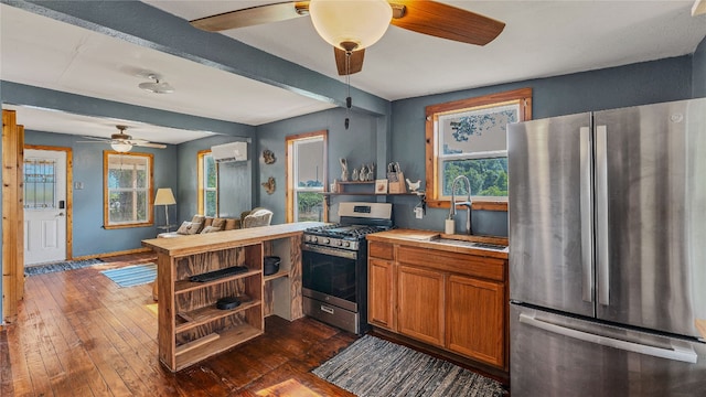 kitchen featuring a healthy amount of sunlight, appliances with stainless steel finishes, dark hardwood / wood-style flooring, sink, and ceiling fan