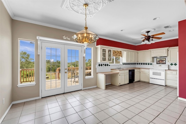 kitchen with pendant lighting, ceiling fan with notable chandelier, ornamental molding, white electric stove, and sink