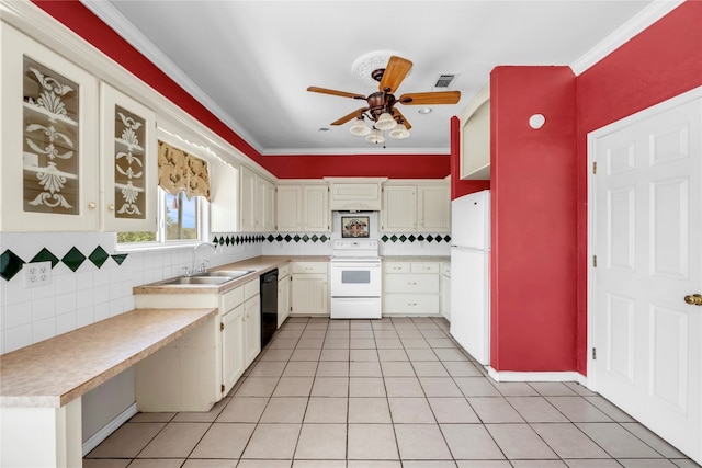 kitchen featuring ornamental molding, white appliances, sink, ceiling fan, and decorative backsplash