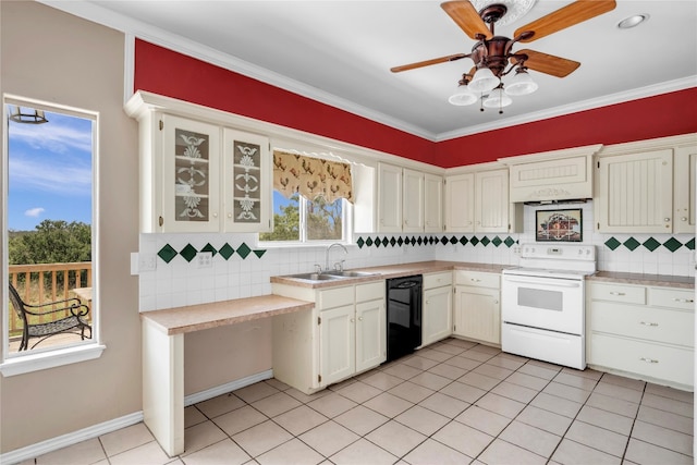 kitchen with dishwasher, tasteful backsplash, ornamental molding, electric range, and ceiling fan