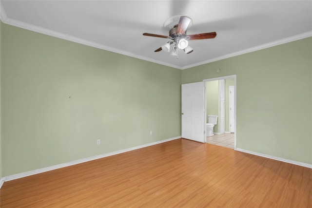 unfurnished room with ornamental molding, ceiling fan, and light hardwood / wood-style floors