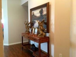 hallway with dark hardwood / wood-style floors