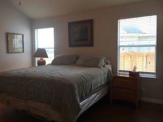 bedroom featuring multiple windows and lofted ceiling