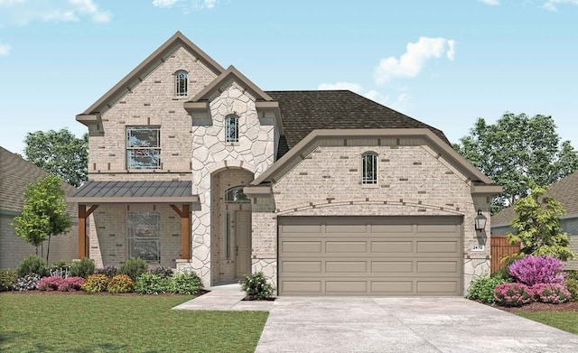 french country inspired facade with a garage and a front lawn